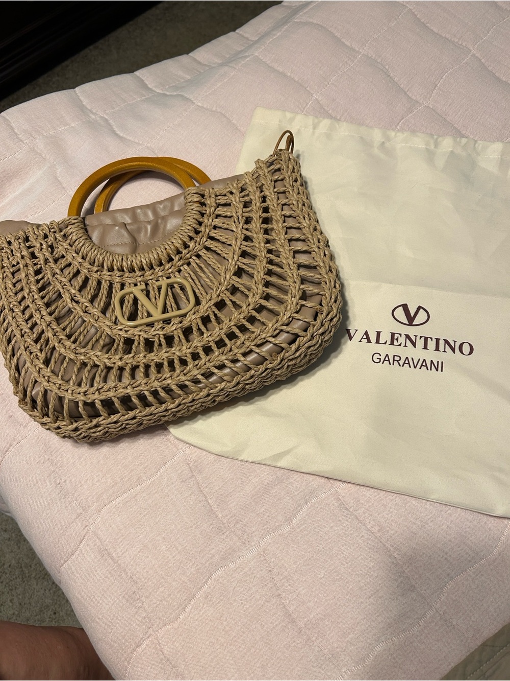 Tan Woven Raffia Tote with Wood-Tone Handles